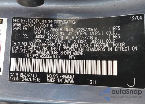 2005 Toyota Highlander V6 z USA, uszkodzony, nr VIN JTEDP21A550061007